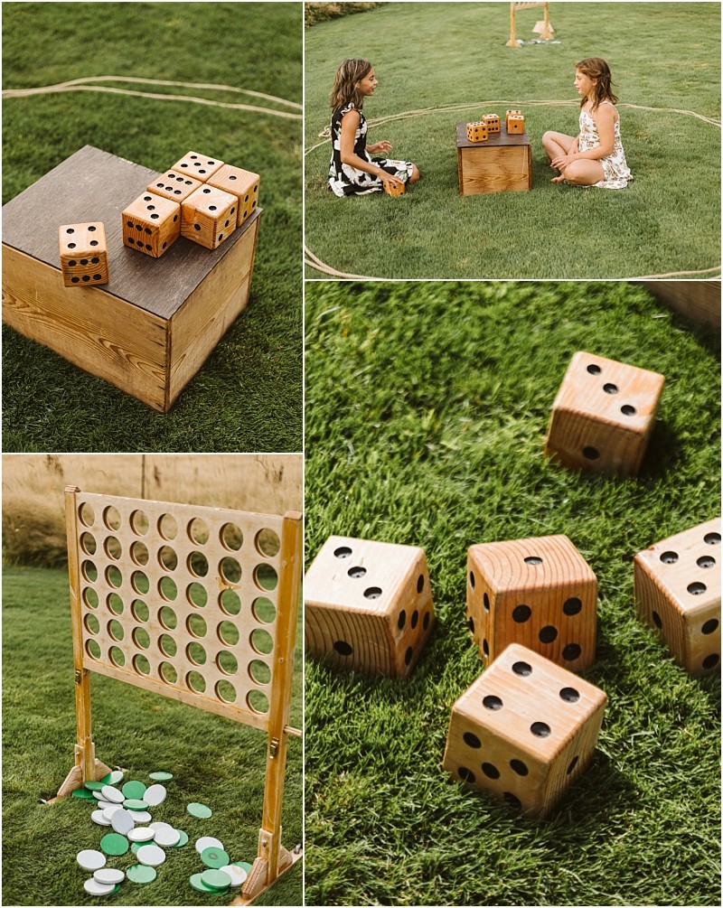 Premier Snohomish & Seattle Wedding Photographer | GSquared Weddings Photography A collage shows two girls sitting on grass at a Snohomish Seattle wedding, playing with oversized wooden dice, a close-up of the dice, a large wooden Connect Four game on the lawn, and more dice scattered on the grass. 47.9129° N, 122.0982° W | Serving Snohomish, Seattle , Orlando & Beyond