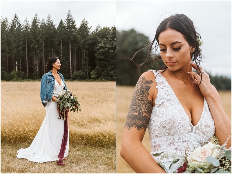 Premier Snohomish & Seattle Wedding Photographer | GSquared Weddings Photography A bride in a white lace dress poses outdoors in a grassy Snohomish field; in one image, she wears a denim jacket and holds a bouquet, while the other highlights her lace dress and floral tattoo—perfect inspiration for a Seattle wedding engagement. 47.9129° N, 122.0982° W | Serving Snohomish, Seattle , Orlando & Beyond