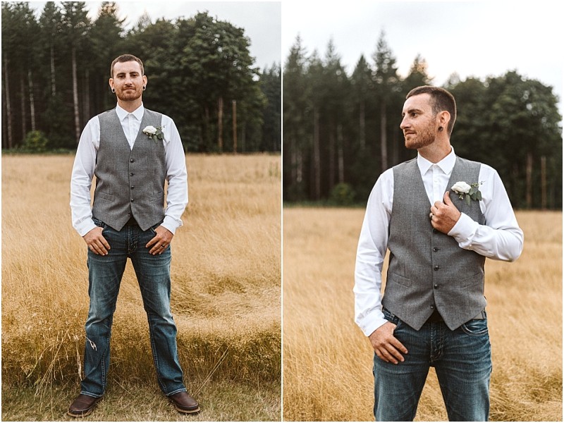 Premier Snohomish & Seattle Wedding Photographer | GSquared Weddings Photography A man stands in a field of tall yellow grass near Snohomish, dressed for a Seattle wedding engagement in a white shirt, gray vest, blue jeans, brown boots, and a white boutonniere. Trees form the scenic backdrop. 47.9129° N, 122.0982° W | Serving Snohomish, Seattle , Orlando & Beyond