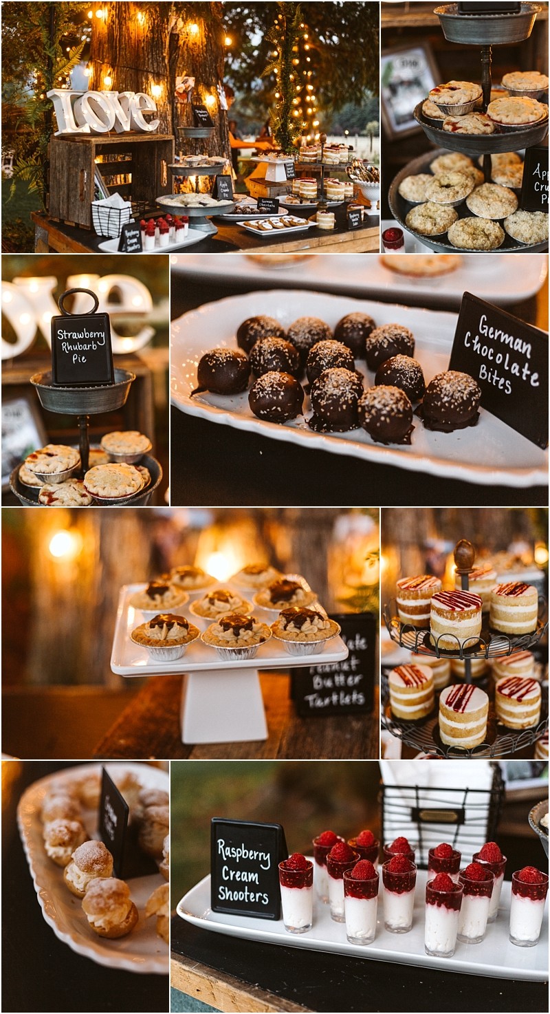 Premier Snohomish & Seattle Wedding Photographer | GSquared Weddings Photography A rustic dessert table at a Snohomish Seattle wedding features assorted pastries, cookies, tarts, German chocolate bites, and raspberry cream shooters, with charming handwritten labels and warm string lights in the background. 47.9129° N, 122.0982° W | Serving Snohomish, Seattle , Orlando & Beyond