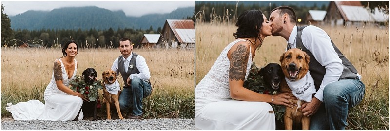 Premier Snohomish & Seattle Wedding Photographer | GSquared Weddings Photography A bride and groom kneel in a field with two dogs wearing bandanas during their Snohomish Seattle wedding. In one photo, they smile at the camera; in another, the couple kisses while the dogs look forward, barns and mountains behind them. 47.9129° N, 122.0982° W | Serving Snohomish, Seattle , Orlando & Beyond