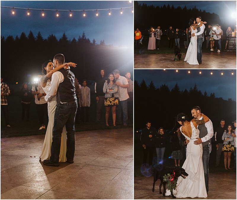 Premier Snohomish & Seattle Wedding Photographer | GSquared Weddings Photography A bride and groom share their first dance outdoors at night under string lights at a Snohomish wedding, surrounded by guests. In one image, their dog with a floral collar stands nearby. The scene is joyful and romantic. 47.9129° N, 122.0982° W | Serving Snohomish, Seattle , Orlando & Beyond