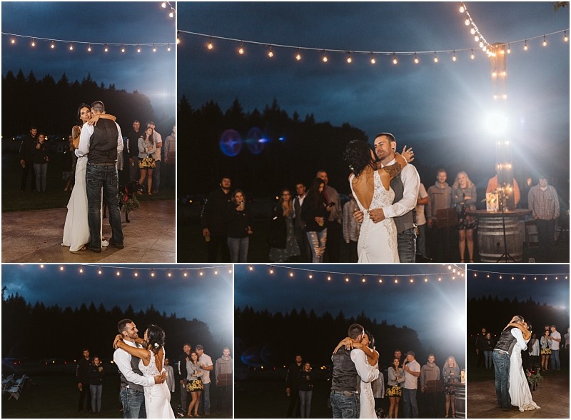 Premier Snohomish & Seattle Wedding Photographer | GSquared Weddings Photography A collage of five photos shows a Snohomish bride and groom dancing outdoors at night under string lights, surrounded by guests. The sky is dark blue, and people watch the couple enjoy their first dance. 47.9129° N, 122.0982° W | Serving Snohomish, Seattle , Orlando & Beyond