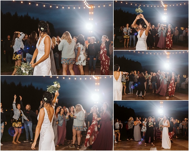 Premier Snohomish & Seattle Wedding Photographer | GSquared Weddings Photography A bride in a white dress tosses her bouquet to excited women during an outdoor Snohomish wedding reception, with string lights overhead and trees in the background. 47.9129° N, 122.0982° W | Serving Snohomish, Seattle , Orlando & Beyond