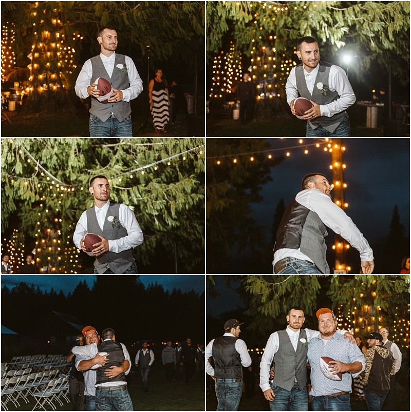 Premier Snohomish & Seattle Wedding Photographer | GSquared Weddings Photography At a festive, rustic Snohomish Seattle wedding, a man in a vest and jeans throws a football under string lights at night. He celebrates and hugs another man as guests watch, adding joy to the engagement celebration. 47.9129° N, 122.0982° W | Serving Snohomish, Seattle , Orlando & Beyond