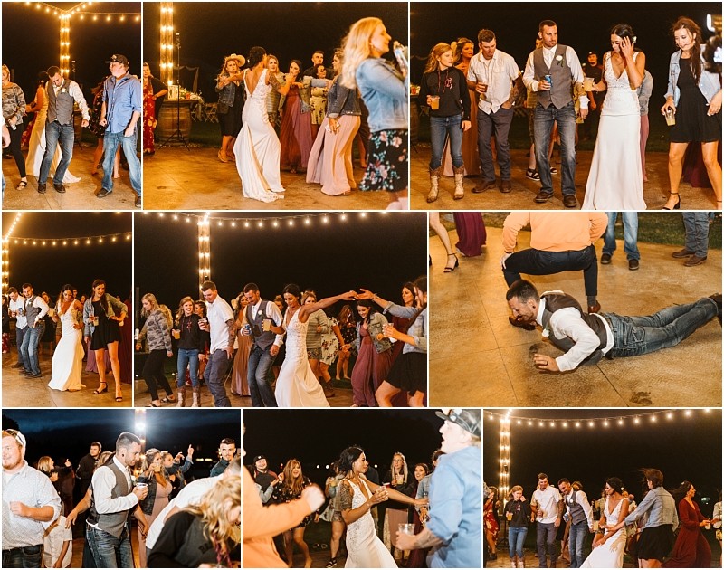 Premier Snohomish & Seattle Wedding Photographer | GSquared Weddings Photography A collage of Snohomish wedding reception photos shows guests and the bride dancing, laughing, and enjoying themselves outdoors at night under string lights. One man is breakdancing on the floor at this lively Seattle celebration. 47.9129° N, 122.0982° W | Serving Snohomish, Seattle , Orlando & Beyond