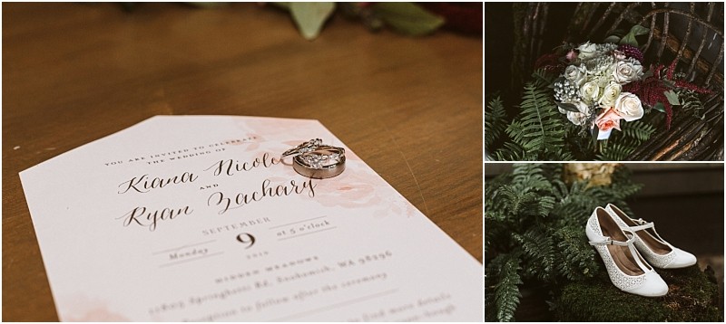 Premier Snohomish & Seattle Wedding Photographer | GSquared Weddings Photography A Snohomish wedding invitation with two rings on top, a bridal bouquet of white and cream roses, and a pair of white bridal shoes displayed outdoors on lush greenery—the perfect touch for your Seattle engagement. 47.9129° N, 122.0982° W | Serving Snohomish, Seattle , Orlando & Beyond