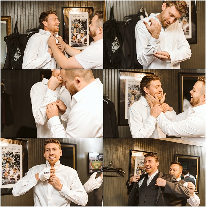 Premier Snohomish & Seattle Wedding Photographer | GSquared Weddings Photography A collage shows two men in a room helping each other get dressed in formalwear for a Snohomish Seattle wedding. They adjust shirts, fix collars, laugh, and put on jackets in a warm, candid pre-event moment. 47.9129° N, 122.0982° W | Serving Snohomish, Seattle , Orlando & Beyond