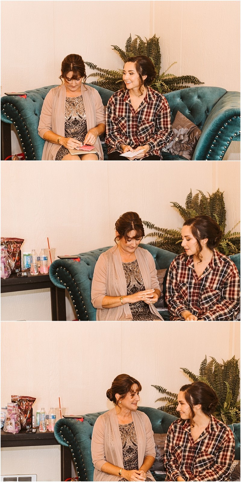 Premier Snohomish & Seattle Wedding Photographer | GSquared Weddings Photography Two women sit together on a teal couch talking and smiling, perhaps planning a Snohomish Seattle wedding engagement. One wears a tan cardigan and glasses, the other a plaid shirt. Plants and water bottles sit on a nearby table in this warm, friendly scene. 47.9129° N, 122.0982° W | Serving Snohomish, Seattle , Orlando & Beyond