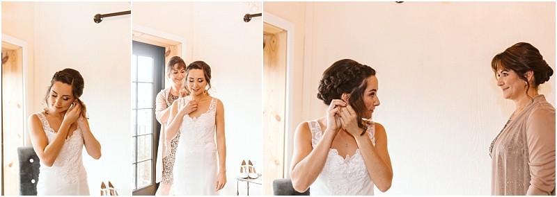 Premier Snohomish & Seattle Wedding Photographer | GSquared Weddings Photography A bride in a white dress puts on earrings and has a necklace fastened by her mother. They smile at each other in a warmly lit Snohomish room, capturing a sweet moment before the Seattle wedding engagement. 47.9129° N, 122.0982° W | Serving Snohomish, Seattle , Orlando & Beyond