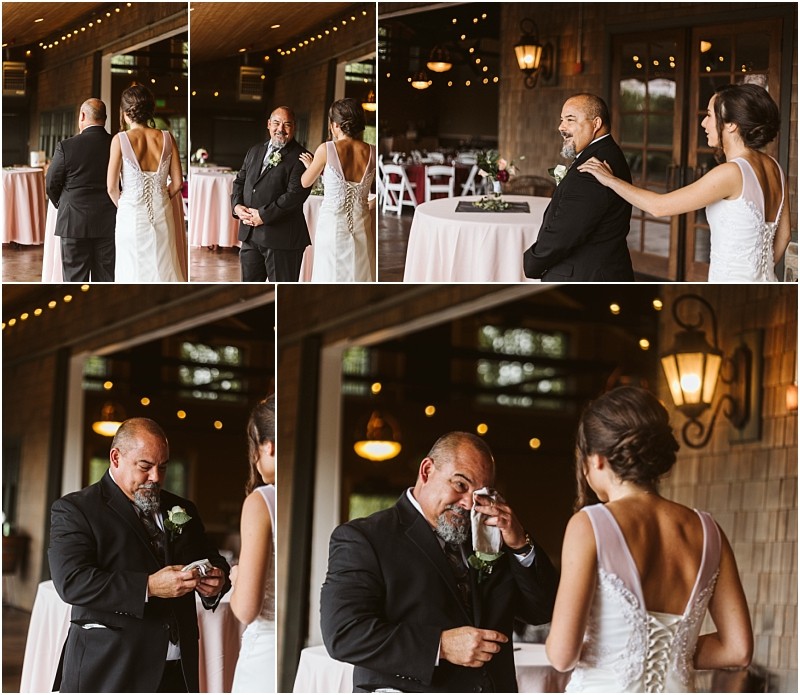 Premier Snohomish & Seattle Wedding Photographer | GSquared Weddings Photography A bride surprises her father for a first look before her Snohomish wedding. He turns to see her, becomes emotional, wipes his eyes, and embraces her in a warmly lit venue near Seattle. 47.9129° N, 122.0982° W | Serving Snohomish, Seattle , Orlando & Beyond