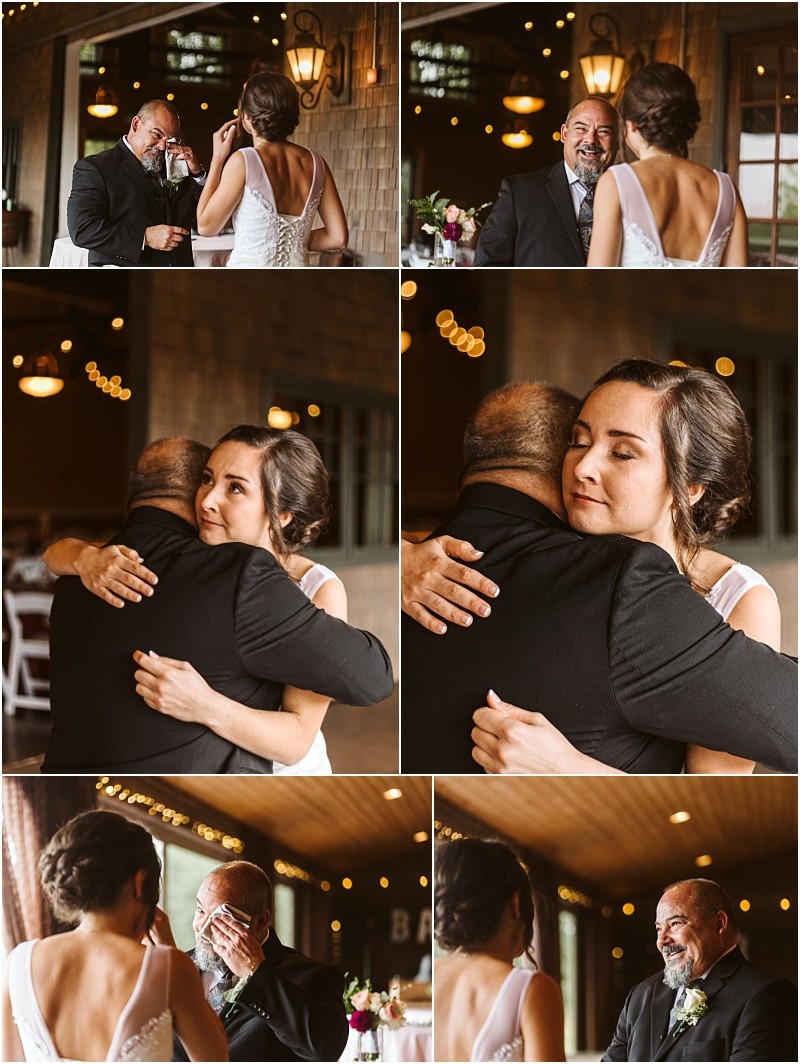 Premier Snohomish & Seattle Wedding Photographer | GSquared Weddings Photography A bride and her father share an emotional first look before her Snohomish wedding, hugging tightly and wiping away tears inside a warmly lit venue. 47.9129° N, 122.0982° W | Serving Snohomish, Seattle , Orlando & Beyond