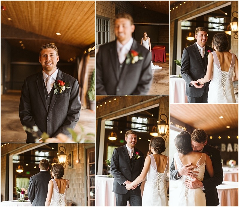 Premier Snohomish & Seattle Wedding Photographer | GSquared Weddings Photography A collage of six Snohomish wedding photos shows a groom in a suit reacting emotionally as he sees his bride in a white dress for the first time; they smile, hold hands, and embrace inside a warmly lit venue. 47.9129° N, 122.0982° W | Serving Snohomish, Seattle , Orlando & Beyond