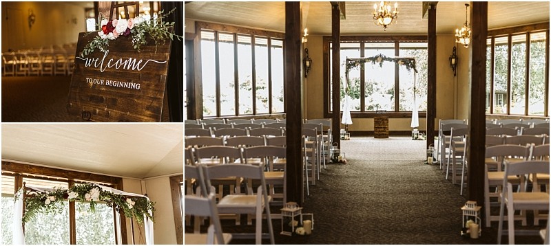 Premier Snohomish & Seattle Wedding Photographer | GSquared Weddings Photography A beautiful Snohomish wedding ceremony venue with rows of white chairs facing a large window, floral decorations, lanterns lining the aisle, and a wooden welcome sign reading "Welcome to our beginning. 47.9129° N, 122.0982° W | Serving Snohomish, Seattle , Orlando & Beyond