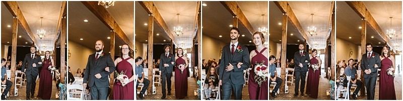 Premier Snohomish & Seattle Wedding Photographer | GSquared Weddings Photography A collage of five photos shows bridesmaids in burgundy dresses and groomsmen in gray suits walking arm-in-arm down the aisle at a Snohomish Seattle wedding ceremony, with guests seated on either side. 47.9129° N, 122.0982° W | Serving Snohomish, Seattle , Orlando & Beyond