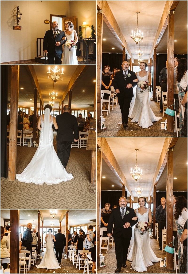 Premier Snohomish & Seattle Wedding Photographer | GSquared Weddings Photography A collage of five photos showing a bride in a white dress walking down the aisle with an older man in a suit at a warmly lit Snohomish wedding venue, with guests seated on either side. 47.9129° N, 122.0982° W | Serving Snohomish, Seattle , Orlando & Beyond