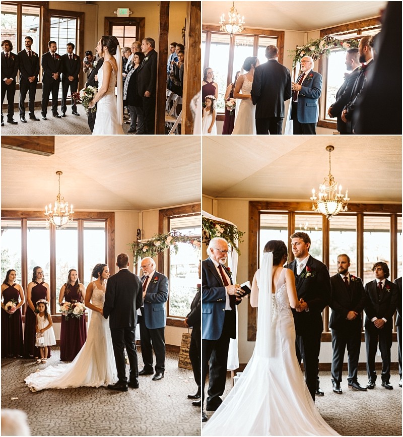 Premier Snohomish & Seattle Wedding Photographer | GSquared Weddings Photography A bride and groom stand with an officiant during an indoor Snohomish wedding ceremony. Bridesmaids in burgundy dresses and groomsmen in dark suits watch as large windows and a floral arch enhance this romantic Seattle engagement celebration. 47.9129° N, 122.0982° W | Serving Snohomish, Seattle , Orlando & Beyond