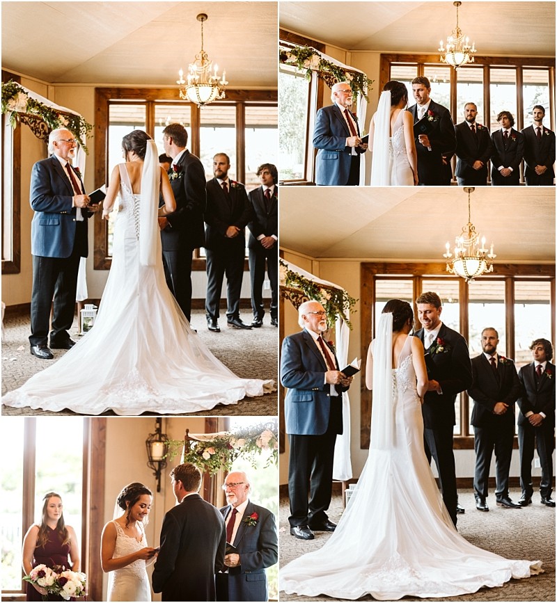 Premier Snohomish & Seattle Wedding Photographer | GSquared Weddings Photography A bride and groom stand at the altar during their Snohomish wedding ceremony, exchanging vows with an officiant. Groomsmen in dark suits stand nearby, as sunlight streams through large windows behind them. 47.9129° N, 122.0982° W | Serving Snohomish, Seattle , Orlando & Beyond