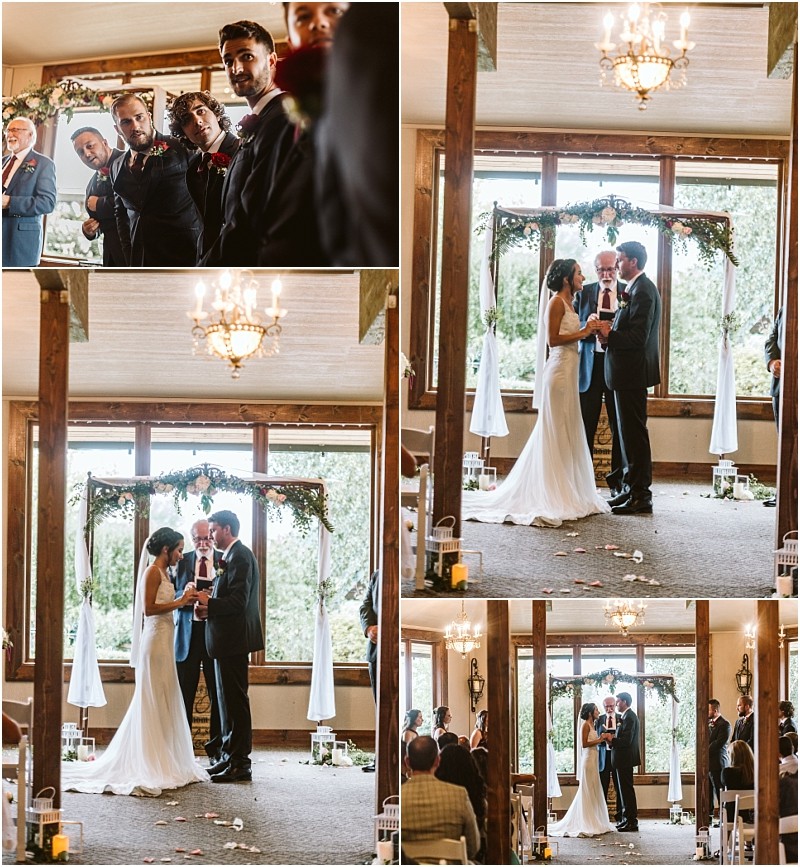 Premier Snohomish & Seattle Wedding Photographer | GSquared Weddings Photography A collage of five photos shows a Snohomish wedding ceremony indoors. A couple stands together at the altar, exchanging vows and smiling, while guests and attendants watch. The space is bright with large windows and floral decorations. 47.9129° N, 122.0982° W | Serving Snohomish, Seattle , Orlando & Beyond