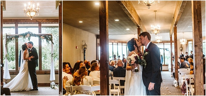 Premier Snohomish & Seattle Wedding Photographer | GSquared Weddings Photography A bride and groom share a kiss at their indoor Snohomish wedding ceremony, surrounded by guests seated on white chairs. The couple stands under a decorated arch with natural light streaming through large windows. 47.9129° N, 122.0982° W | Serving Snohomish, Seattle , Orlando & Beyond