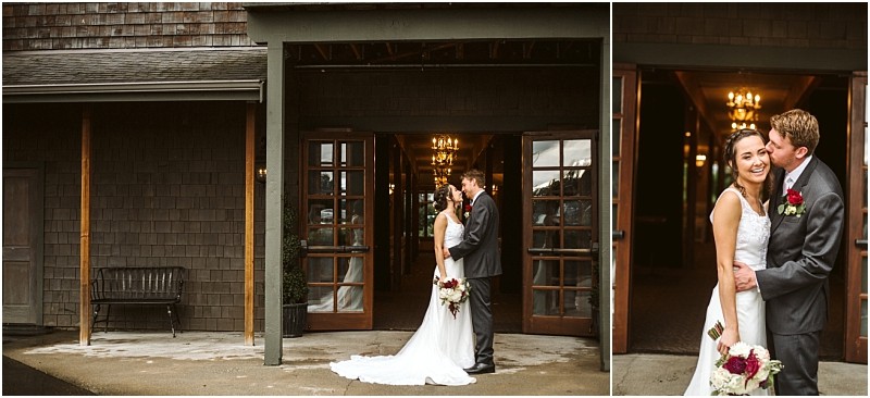 Premier Snohomish & Seattle Wedding Photographer | GSquared Weddings Photography A bride and groom stand together, smiling and embracing outside a rustic building with wooden doors. The bride holds a bouquet of flowers, and both look happy and in love during their Snohomish wedding day. 47.9129° N, 122.0982° W | Serving Snohomish, Seattle , Orlando & Beyond