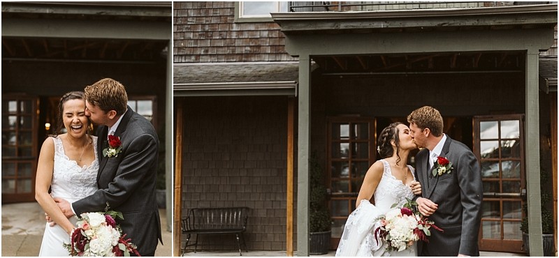 Premier Snohomish & Seattle Wedding Photographer | GSquared Weddings Photography Two wedding photos of a bride and groom outside a building: on the left, they laugh together; on the right, they share a kiss. The bride holds a bouquet of white and red flowers at their Snohomish Seattle wedding. 47.9129° N, 122.0982° W | Serving Snohomish, Seattle , Orlando & Beyond