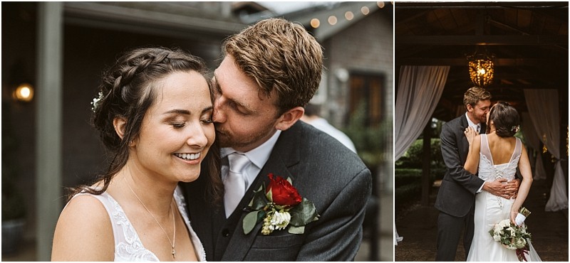 Premier Snohomish & Seattle Wedding Photographer | GSquared Weddings Photography A groom in a dark suit kisses his smiling bride on the cheek outdoors at their Snohomish Seattle wedding. In a second image, they embrace and dance under string lights and draped curtains at their beautiful venue. 47.9129° N, 122.0982° W | Serving Snohomish, Seattle , Orlando & Beyond