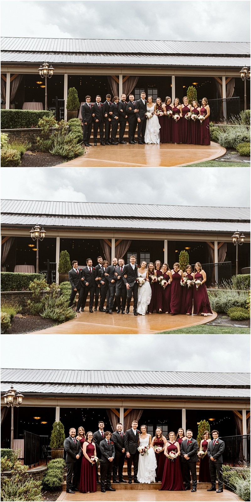 Premier Snohomish & Seattle Wedding Photographer | GSquared Weddings Photography Three photos show a bride and groom posing with their wedding party in black and burgundy attire, standing outdoors on a wet pathway near a covered venue with greenery at their elegant Snohomish Seattle wedding. 47.9129° N, 122.0982° W | Serving Snohomish, Seattle , Orlando & Beyond