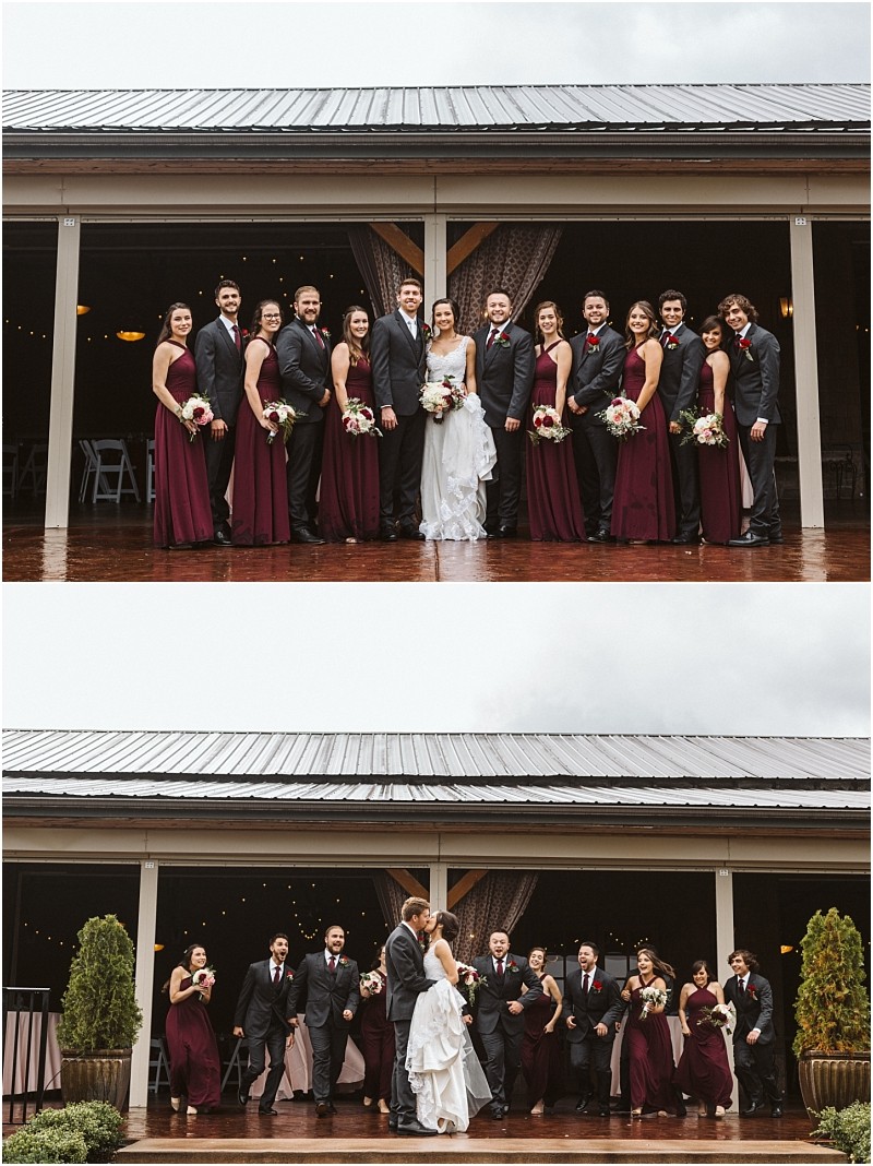 Premier Snohomish & Seattle Wedding Photographer | GSquared Weddings Photography A wedding party poses outside a building. In the first photo, they stand in a line, smiling at the camera. In the second, they walk forward, laughing and celebrating—a joyful Snohomish Seattle wedding with the bride and groom in the center. 47.9129° N, 122.0982° W | Serving Snohomish, Seattle , Orlando & Beyond
