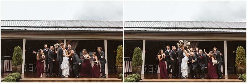 Premier Snohomish & Seattle Wedding Photographer | GSquared Weddings Photography Two photos side by side capture a joyful Snohomish wedding party celebrating together on a wooden deck. The group includes the bride, groom, bridesmaids in burgundy dresses, and groomsmen in dark suits. 47.9129° N, 122.0982° W | Serving Snohomish, Seattle , Orlando & Beyond