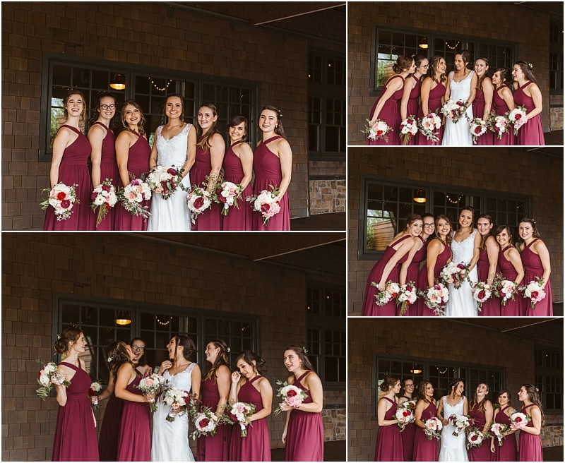Premier Snohomish & Seattle Wedding Photographer | GSquared Weddings Photography A collage of five photos shows a bride in a white dress with six bridesmaids in matching burgundy dresses, holding bouquets and smiling together outside a building with brown siding and large windows at a Snohomish Seattle wedding. 47.9129° N, 122.0982° W | Serving Snohomish, Seattle , Orlando & Beyond