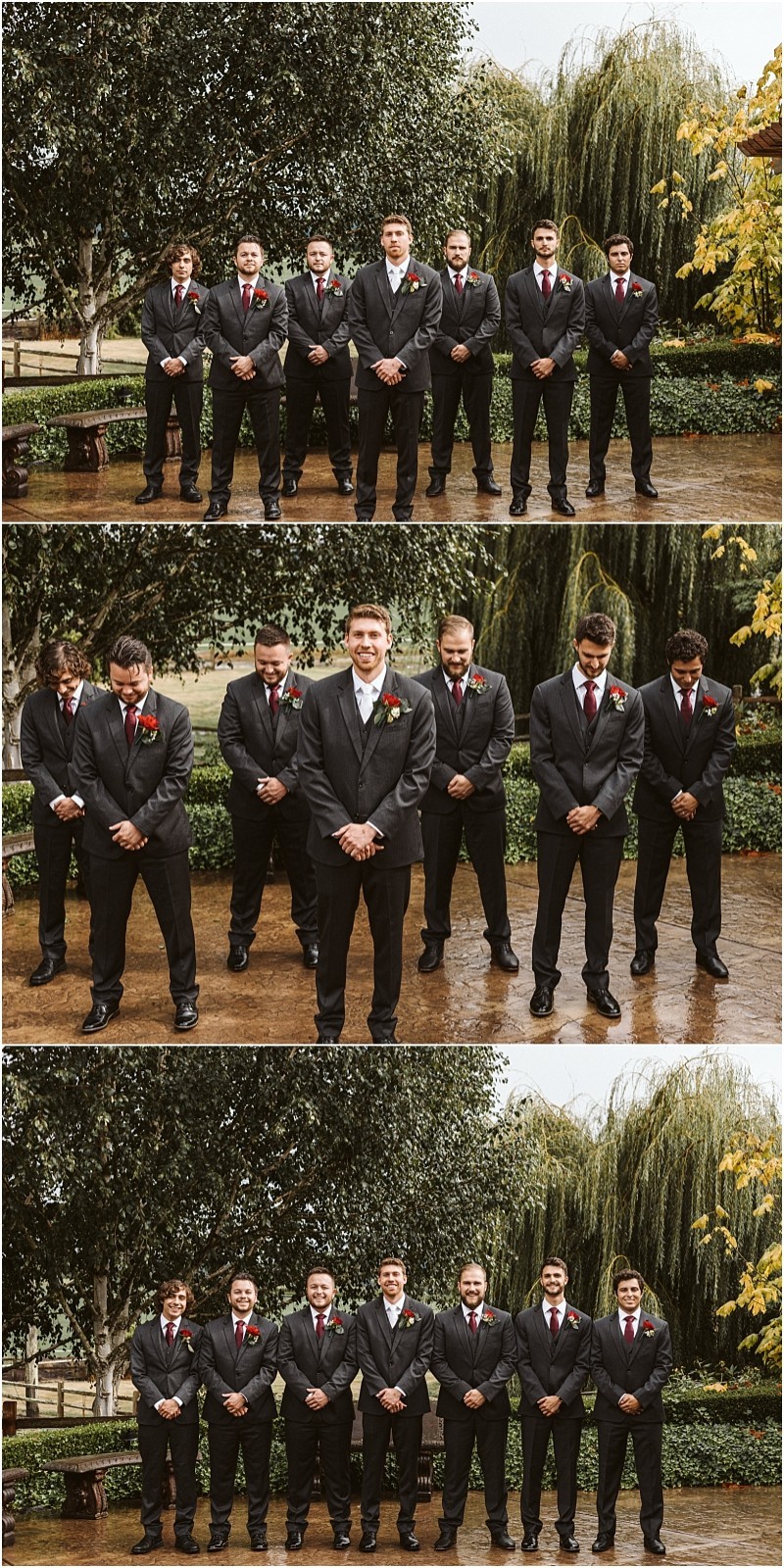 Premier Snohomish & Seattle Wedding Photographer | GSquared Weddings Photography A group of eight men in suits stands outdoors in a row at a Snohomish Seattle wedding. In the first photo they face forward, in the second the man in the center smiles, and in the third all bow their heads against a backdrop of trees and greenery. 47.9129° N, 122.0982° W | Serving Snohomish, Seattle , Orlando & Beyond