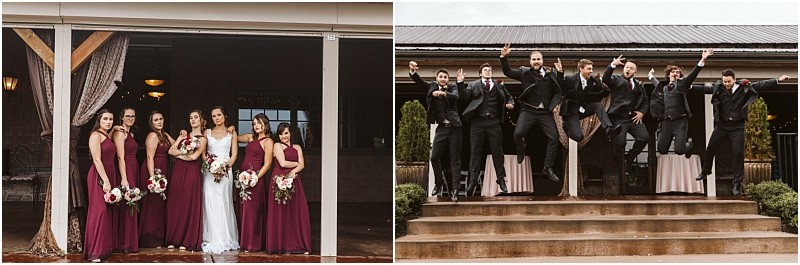 Premier Snohomish & Seattle Wedding Photographer | GSquared Weddings Photography A split image captures a lively Snohomish Seattle wedding: on the left, six bridesmaids in burgundy dresses and a bride in white pose with bouquets; on the right, seven groomsmen in dark suits jump enthusiastically on outdoor steps. 47.9129° N, 122.0982° W | Serving Snohomish, Seattle , Orlando & Beyond