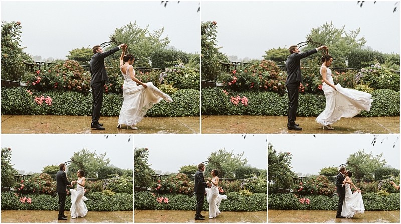 Premier Snohomish & Seattle Wedding Photographer | GSquared Weddings Photography A collage of six outdoor photos shows a Snohomish bride and groom dancing together on a rainy day, surrounded by lush green bushes and pink flowers, with the bride’s dress swirling as they spin and embrace at their Seattle wedding. 47.9129° N, 122.0982° W | Serving Snohomish, Seattle , Orlando & Beyond