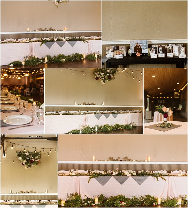 Premier Snohomish & Seattle Wedding Photographer | GSquared Weddings Photography Collage of wedding reception decor at a Snohomish Seattle wedding, featuring a long banquet table with white linens, greenery, candles, florals, guest table settings, a small flower centerpiece, and framed family photos and memorabilia. 47.9129° N, 122.0982° W | Serving Snohomish, Seattle , Orlando & Beyond