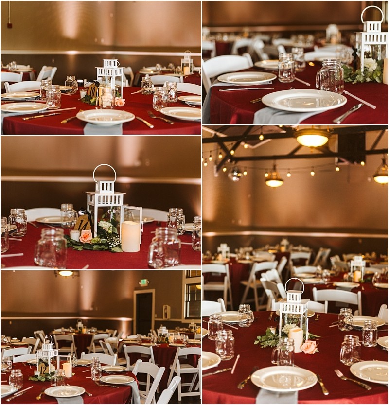 Premier Snohomish & Seattle Wedding Photographer | GSquared Weddings Photography A collage of tables set for a Snohomish or Seattle wedding engagement, featuring white chairs, maroon tablecloths, plates, glasses, and centerpieces with white lanterns, candles, and flowers in a warmly lit indoor venue. 47.9129° N, 122.0982° W | Serving Snohomish, Seattle , Orlando & Beyond
