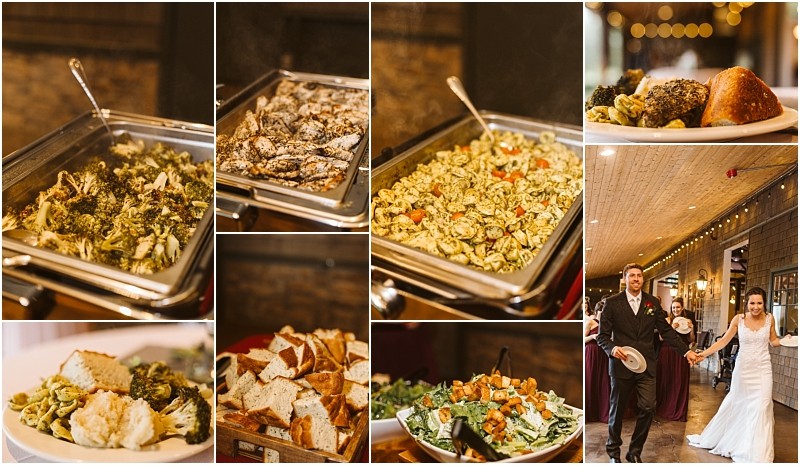 Premier Snohomish & Seattle Wedding Photographer | GSquared Weddings Photography A collage of Snohomish wedding buffet images showcases trays of pasta, chicken, and bread, plus plated food and salad. The bride and groom enter a Seattle reception area beautifully decorated with string lights. 47.9129° N, 122.0982° W | Serving Snohomish, Seattle , Orlando & Beyond