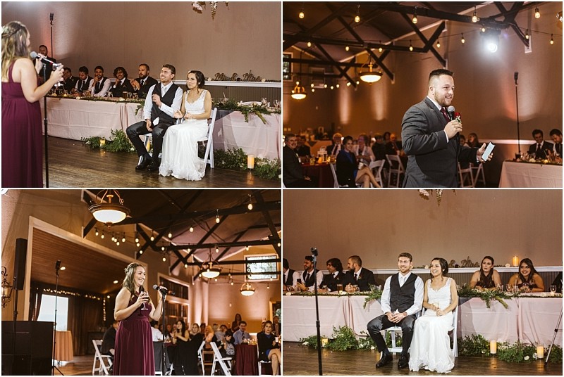 Premier Snohomish & Seattle Wedding Photographer | GSquared Weddings Photography A collage of four Snohomish wedding reception photos shows a bride and groom seated while guests in formal attire deliver speeches. The Seattle-area venue is warmly lit and decorated with greenery and string lights. 47.9129° N, 122.0982° W | Serving Snohomish, Seattle , Orlando & Beyond