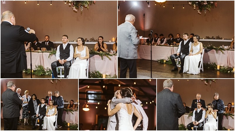 Premier Snohomish & Seattle Wedding Photographer | GSquared Weddings Photography A Snohomish wedding reception collage shows a bride and groom at the head table, listening to an older man give a speech, sharing hugs, and guests watching from decorated tables with candles and flowers. 47.9129° N, 122.0982° W | Serving Snohomish, Seattle , Orlando & Beyond