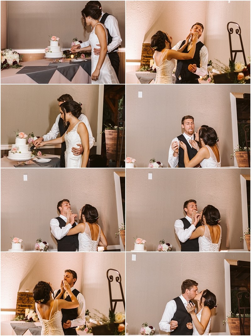 Premier Snohomish & Seattle Wedding Photographer | GSquared Weddings Photography A bride and groom laugh and feed each other cake at their Snohomish wedding, playfully smearing cake on each others’ faces in a sequence of joyful photos. The couple is dressed in classic wedding attire. 47.9129° N, 122.0982° W | Serving Snohomish, Seattle , Orlando & Beyond