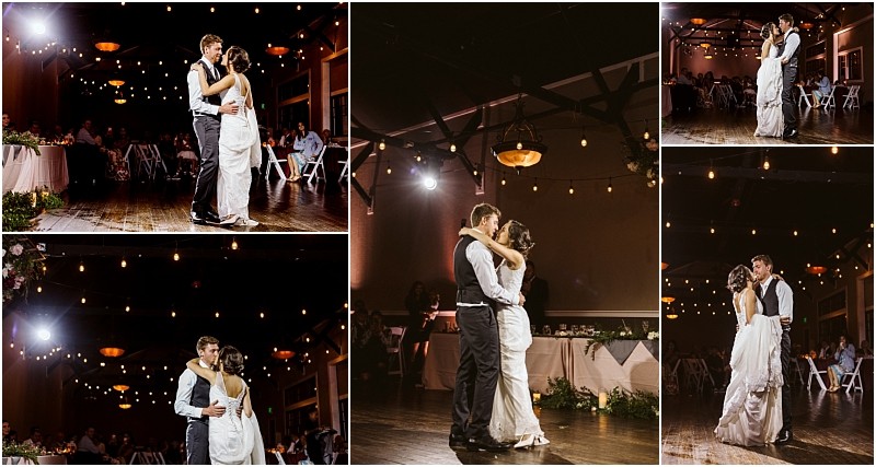 Premier Snohomish & Seattle Wedding Photographer | GSquared Weddings Photography A collage of five photos shows a bride and groom dancing together at their Snohomish wedding reception near Seattle, surrounded by string lights and softly lit guests seated at tables in the background. 47.9129° N, 122.0982° W | Serving Snohomish, Seattle , Orlando & Beyond
