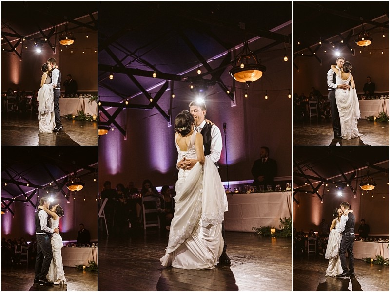 Premier Snohomish & Seattle Wedding Photographer | GSquared Weddings Photography A collage of five photos shows a Snohomish bride and groom sharing their first dance in a warmly lit reception hall with string lights and guests seated at tables in the background. 47.9129° N, 122.0982° W | Serving Snohomish, Seattle , Orlando & Beyond