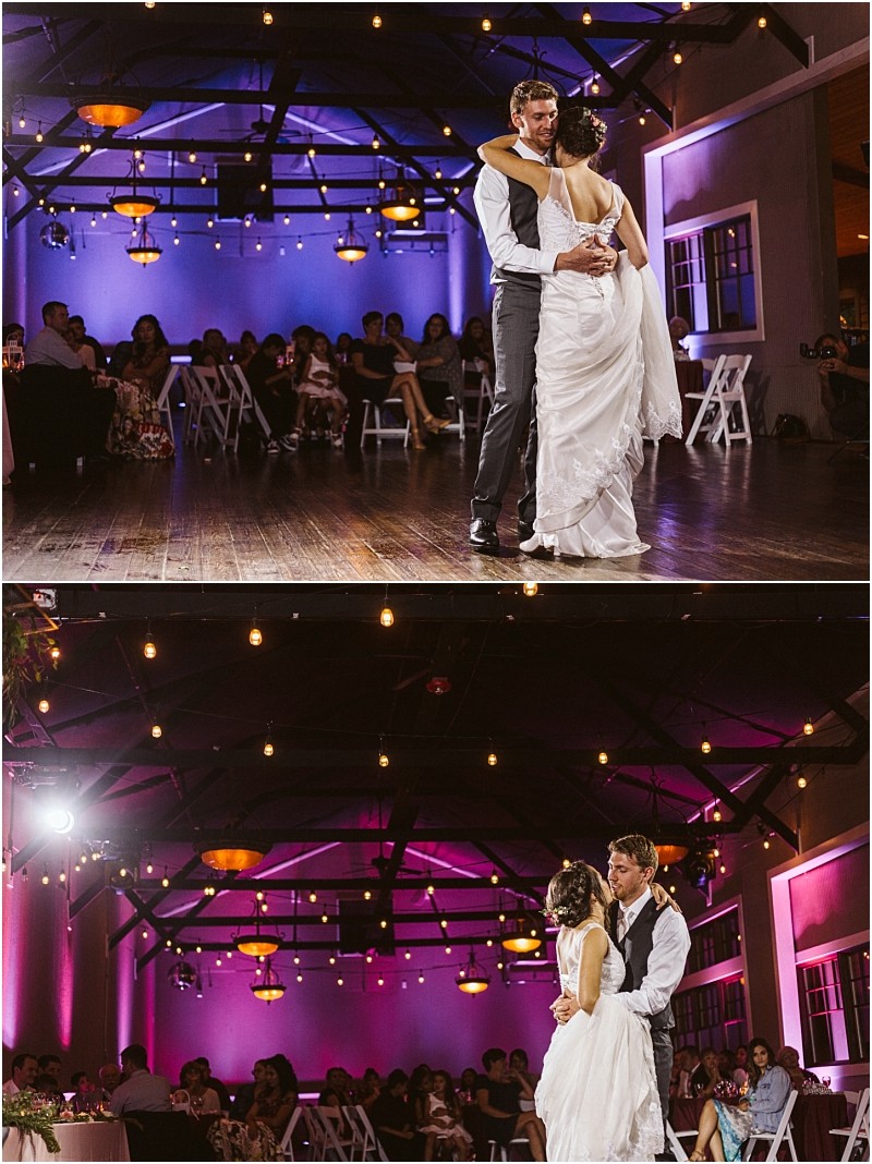 Premier Snohomish & Seattle Wedding Photographer | GSquared Weddings Photography A bride and groom share their first dance in a warmly lit Snohomish venue with purple and pink lighting, while guests watch from tables in the background at this unforgettable Seattle wedding. 47.9129° N, 122.0982° W | Serving Snohomish, Seattle , Orlando & Beyond