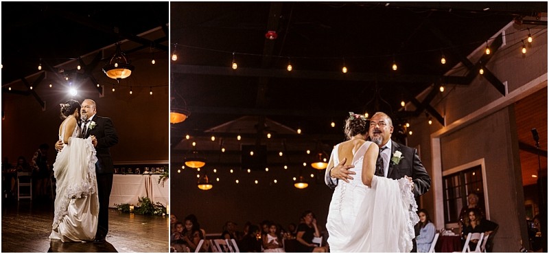 Premier Snohomish & Seattle Wedding Photographer | GSquared Weddings Photography A bride in a white gown dances with her father under string lights at a warmly lit Snohomish wedding reception, as guests look on and enjoy this touching Seattle engagement celebration. 47.9129° N, 122.0982° W | Serving Snohomish, Seattle , Orlando & Beyond