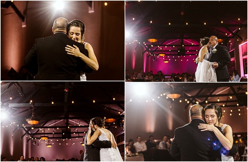 Premier Snohomish & Seattle Wedding Photographer | GSquared Weddings Photography Four photos capture a Snohomish wedding reception, where a bride and her father share an emotional dance under string lights and pink uplighting, surrounded by smiling guests—perfect inspiration for your Seattle engagement or special day. 47.9129° N, 122.0982° W | Serving Snohomish, Seattle , Orlando & Beyond