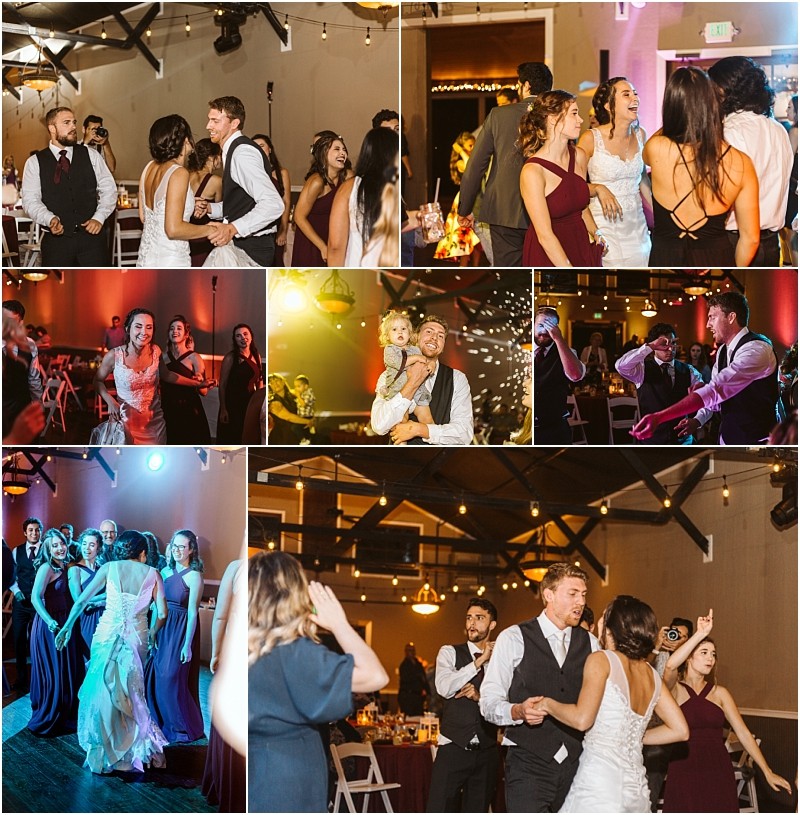 Premier Snohomish & Seattle Wedding Photographer | GSquared Weddings Photography A collage of Snohomish wedding reception scenes shows guests and the bride and groom dancing, laughing, and celebrating together in a warmly lit venue decorated with string lights. 47.9129° N, 122.0982° W | Serving Snohomish, Seattle , Orlando & Beyond