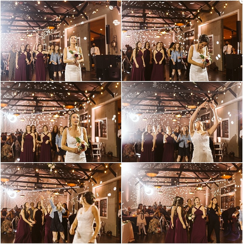 Premier Snohomish & Seattle Wedding Photographer | GSquared Weddings Photography A six-panel collage captures a joyful Snohomish Seattle wedding moment as a bride tosses her bouquet indoors. Bridesmaids in matching purple dresses and guests eagerly reach for it under twinkling lights in a warmly lit reception hall. 47.9129° N, 122.0982° W | Serving Snohomish, Seattle , Orlando & Beyond
