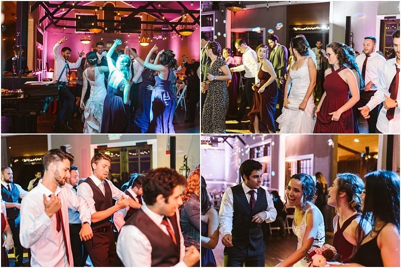 Premier Snohomish & Seattle Wedding Photographer | GSquared Weddings Photography Four photos show wedding guests dancing in a warmly lit Snohomish reception hall. People in formal attire enjoy lively moments together on the dance floor, creating a joyful and festive atmosphere at this Seattle wedding. 47.9129° N, 122.0982° W | Serving Snohomish, Seattle , Orlando & Beyond