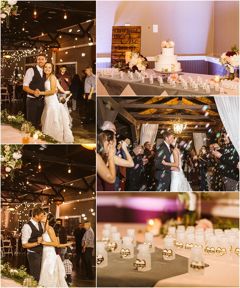 Premier Snohomish & Seattle Wedding Photographer | GSquared Weddings Photography Collage of wedding photos: a Snohomish bride and groom share their first dance under string lights, guests blow bubbles, a white wedding cake is displayed, and small heart-designed favors bring charm to this Seattle wedding celebration. 47.9129° N, 122.0982° W | Serving Snohomish, Seattle , Orlando & Beyond