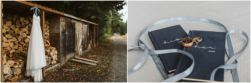 Premier Snohomish & Seattle Wedding Photographer | GSquared Weddings Photography A white wedding dress hangs outside on a shed beside stacked firewood at a Snohomish Seattle wedding. Two vow books labeled his and her, tied with ribbon, hold gold rings placed gently on top. 47.9129° N, 122.0982° W | Serving Snohomish, Seattle , Orlando & Beyond